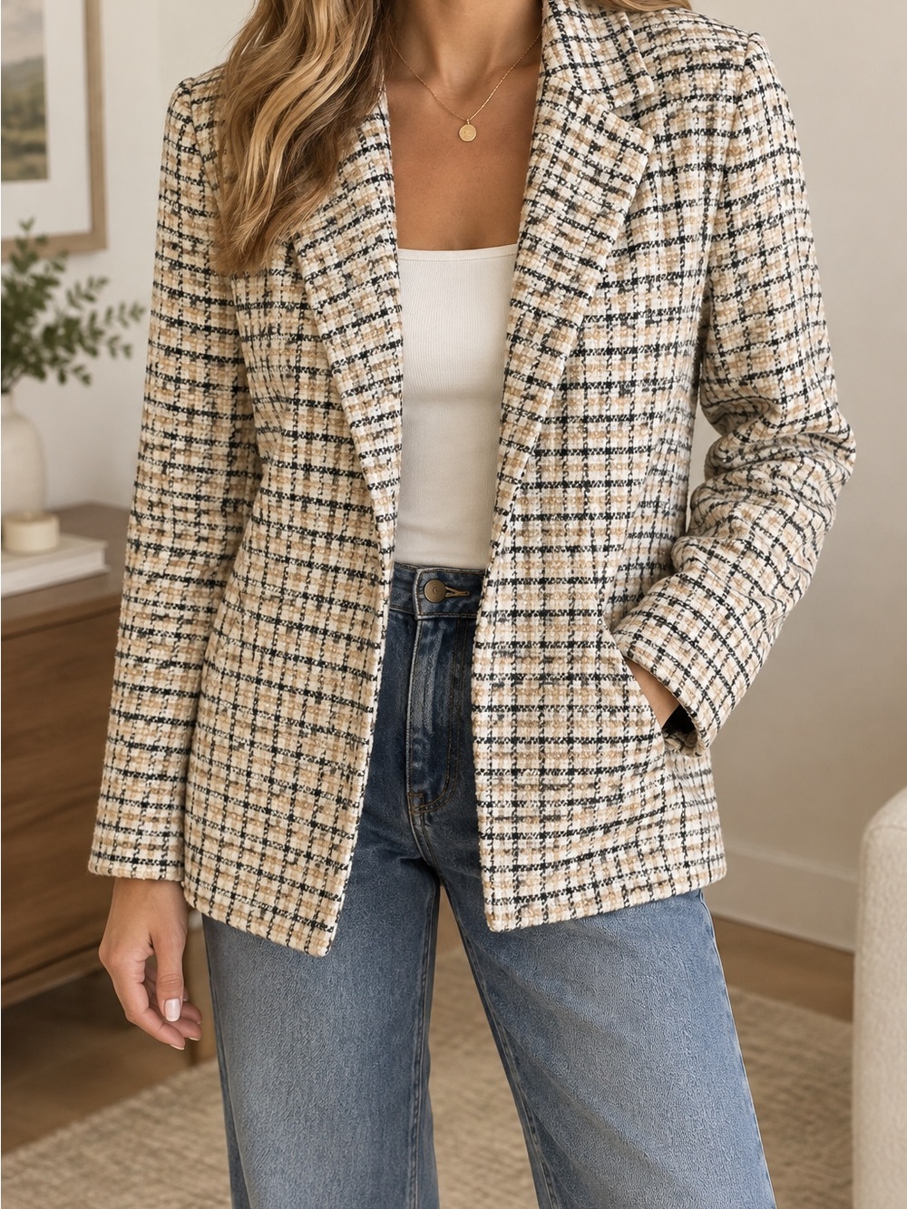 Joie Tan Black Plaid Soft Open Jacket Blazer Tweed Shacket Sz Small S/P